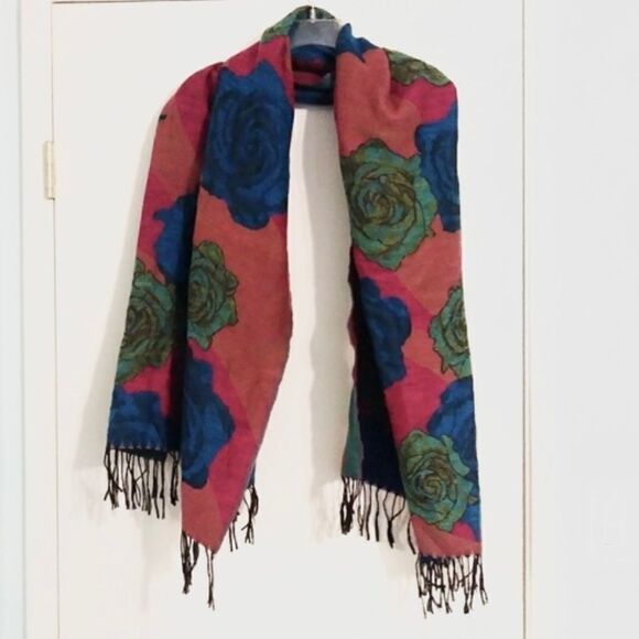 Rose Patterned Colorful Fringed Scarf/ Shawl - Picture 2 of 3